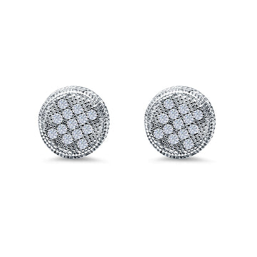 Round Stud Earrings Micro Pave Simulated CZ Screwback 925 Sterling Silver